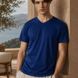 T-Shirt Scollo a V Elasticizzata Blu Royal