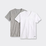 T-Shirt Scollo a V Elasticizzata Grigio Chiaro Melange e Bianco - Set da 2