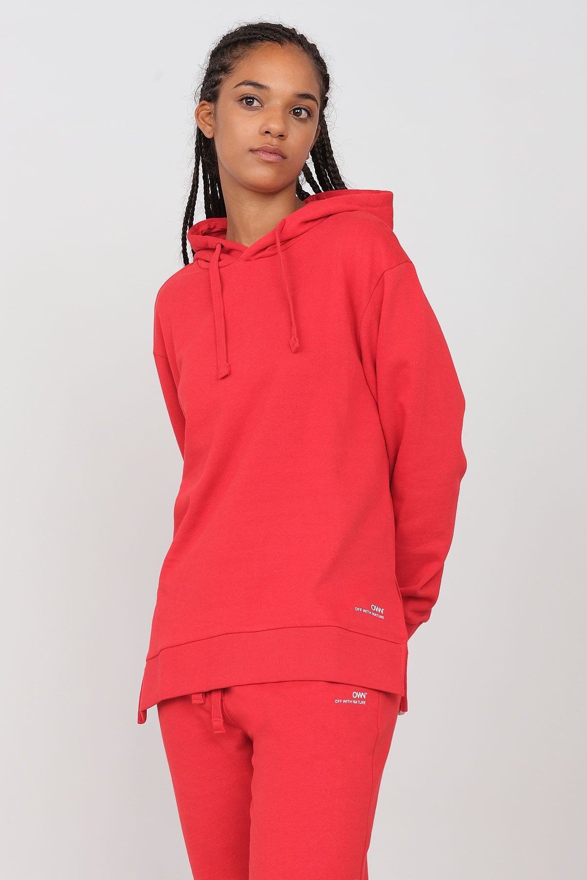 Brushed sweatshirt with hood and side slits