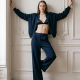 Navy Interlock Loose Fit Palazzo Trousers