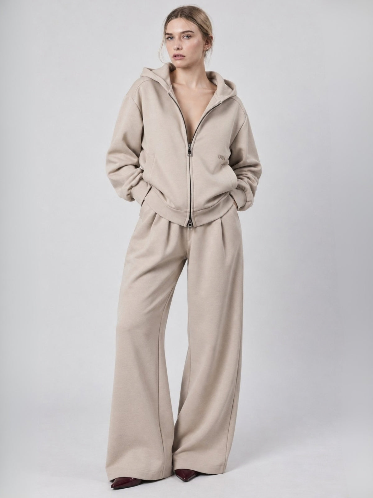 Felpa con Cappuccio e Zip in Interlock Beige