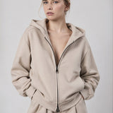 Beige Interlock Zip-Up Hoodie