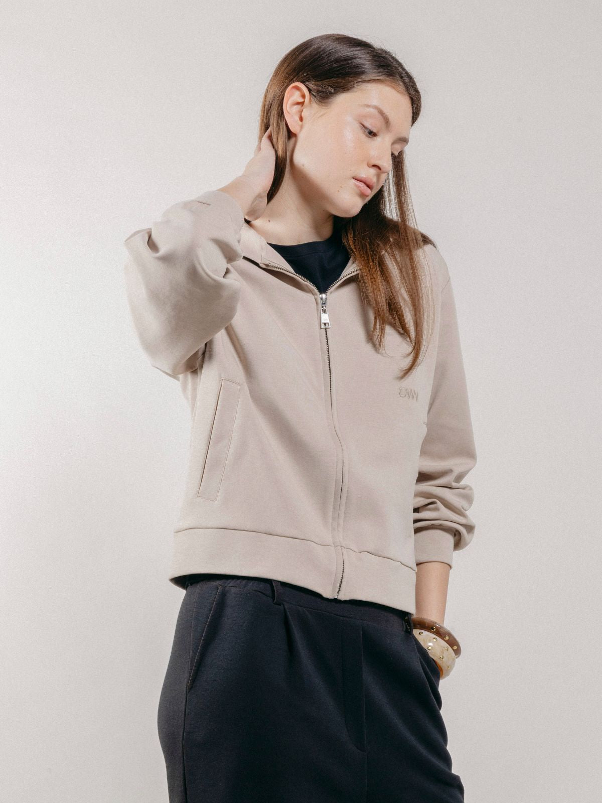 Felpa con Cappuccio e Zip in Interlock Beige