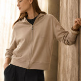 Felpa con Cappuccio e Zip in Interlock Beige