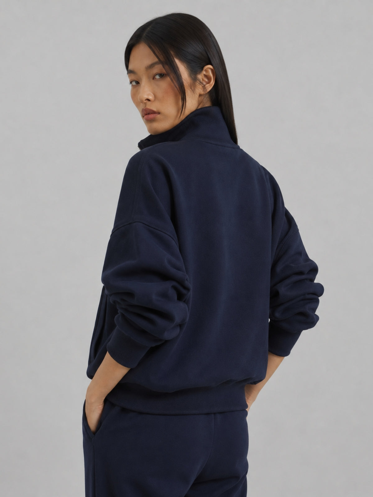 Felpa Collo Lupetto con Zip in Interlock Navy