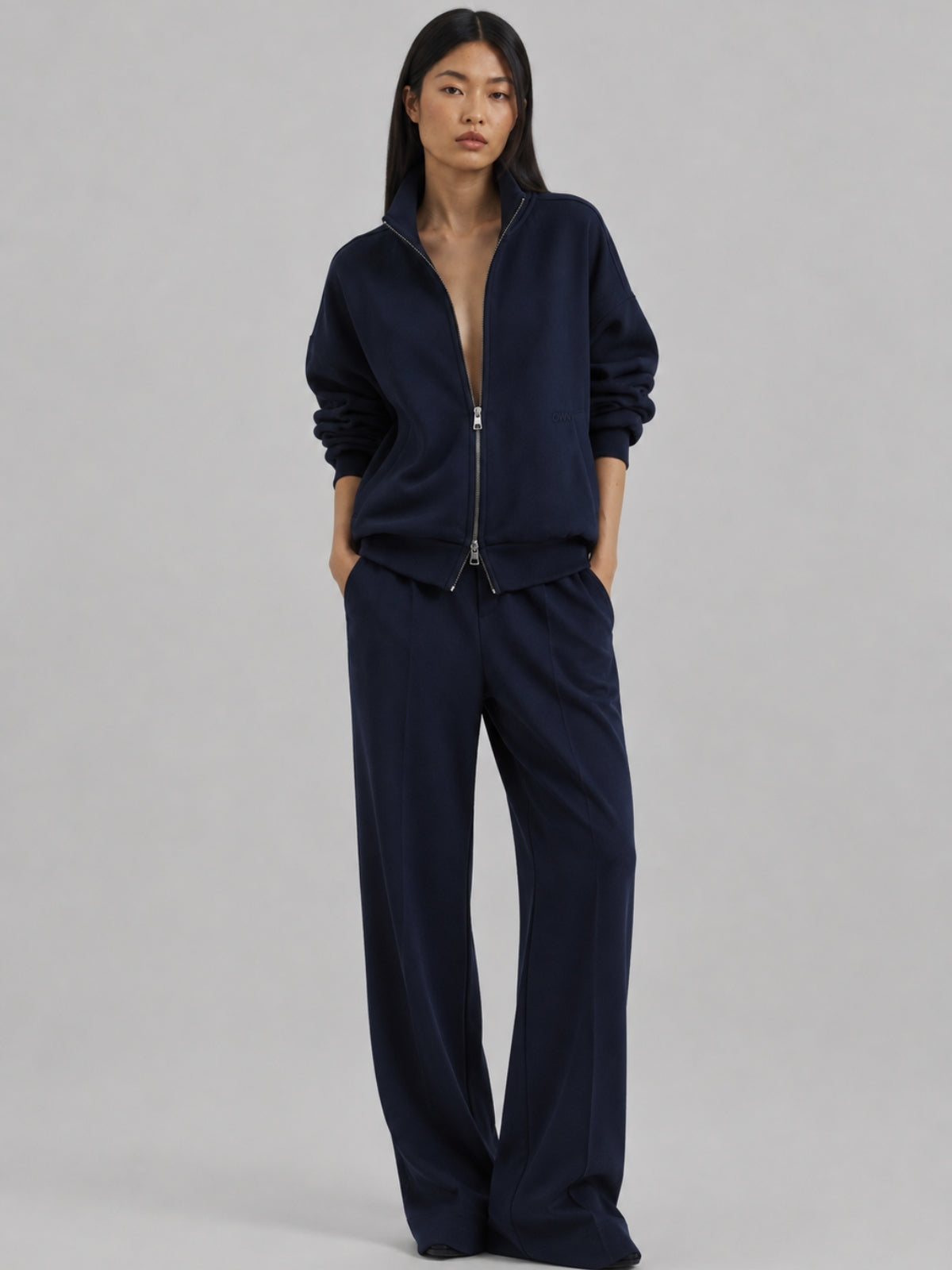Felpa Collo Lupetto con Zip in Interlock Navy