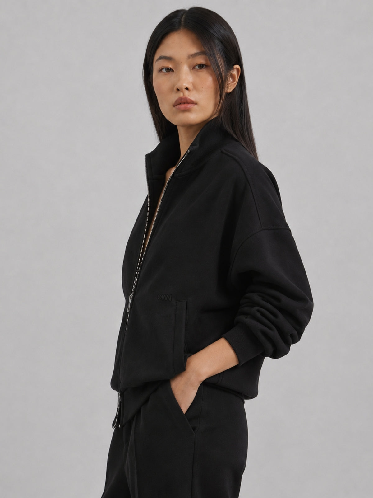 Felpa Collo Lupetto con Zip in Interlock Black