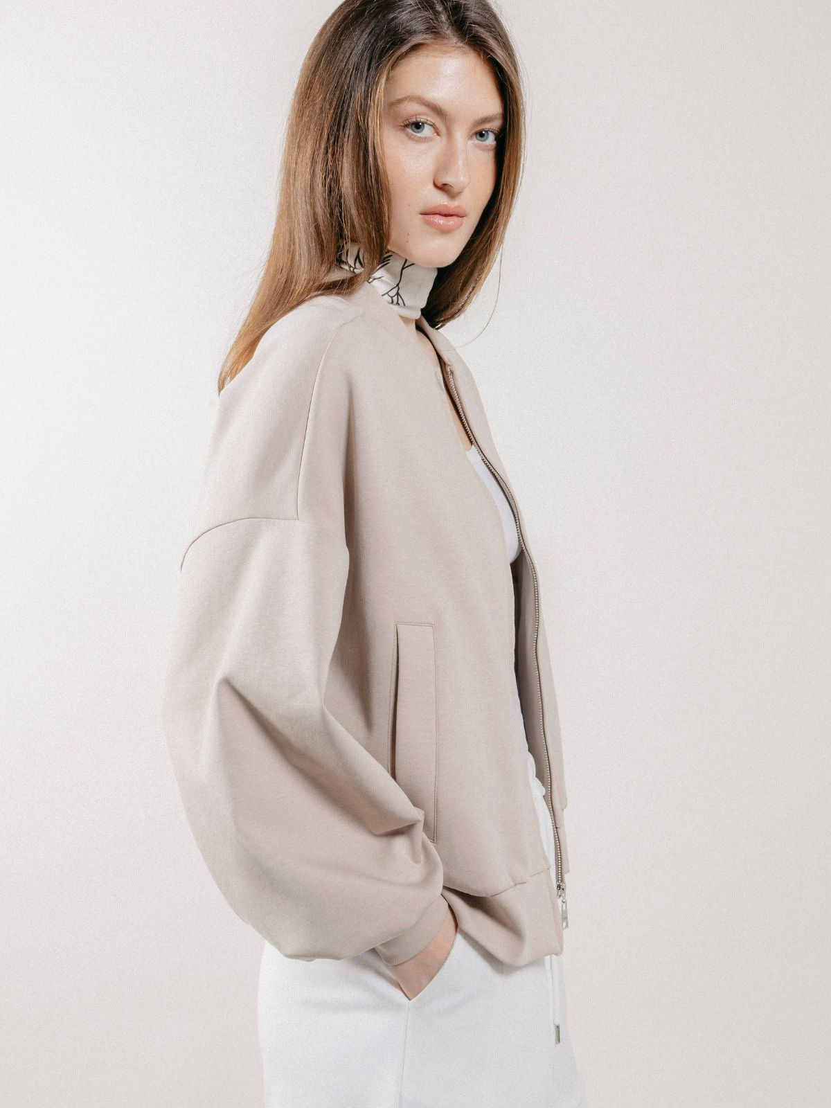 Giubbotto Bomber Loose Fit in Interlock Beige