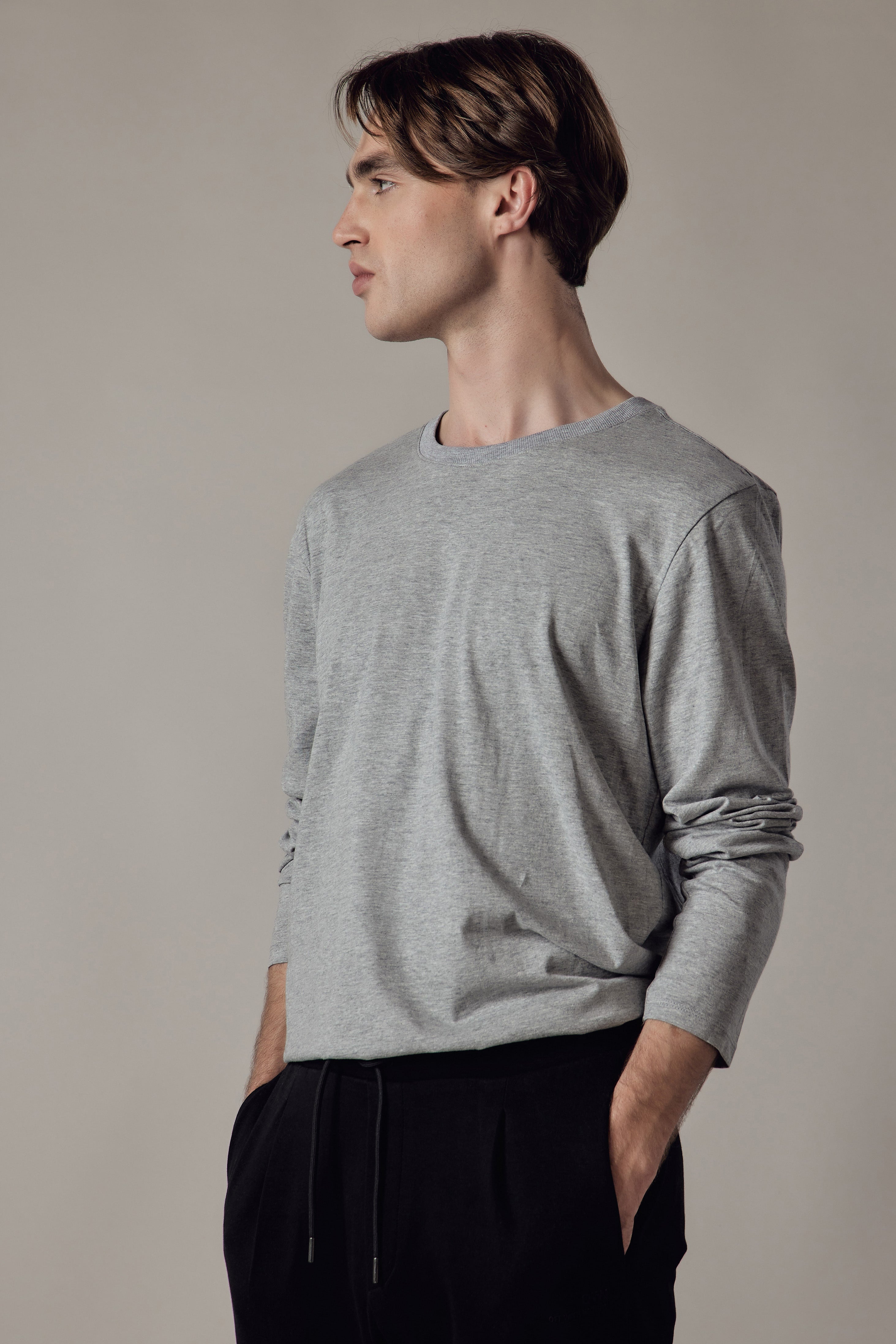 T-Shirt a Manica Lunga Grigio Chiaro Melange