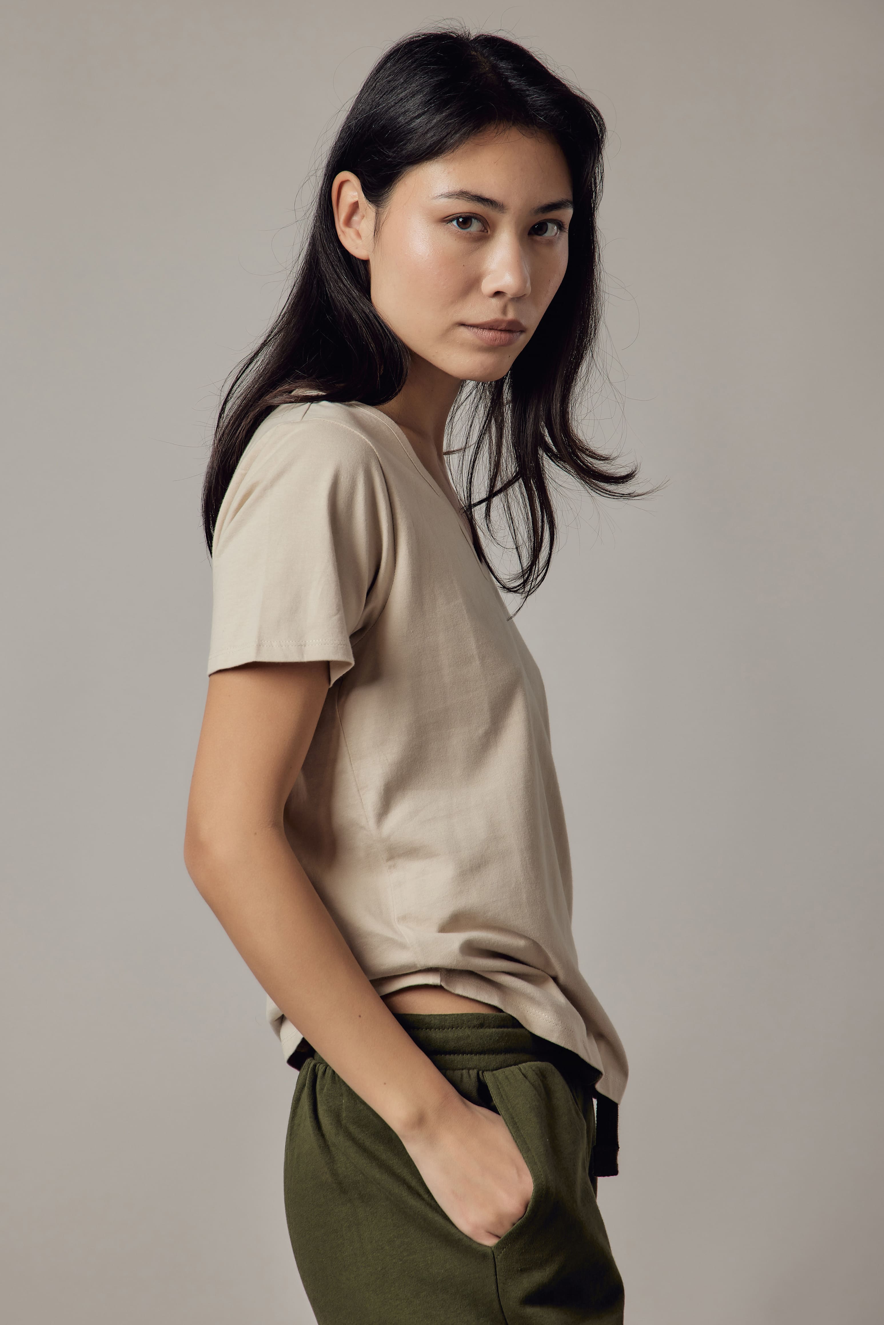 Deep V-Neck Ecru T-Shirt