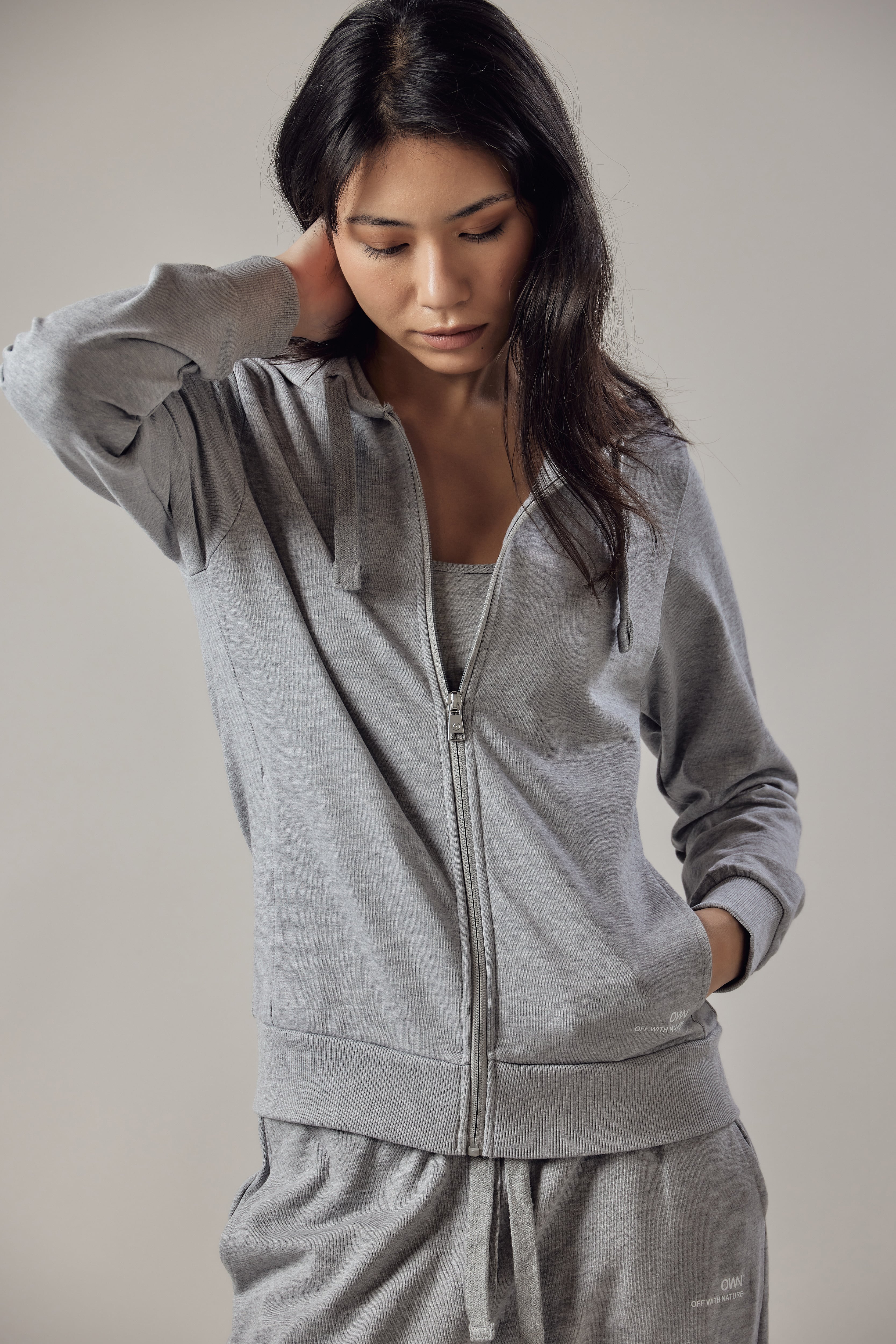 Felpa con Cappuccio e Zip Grigio Chiaro Melange