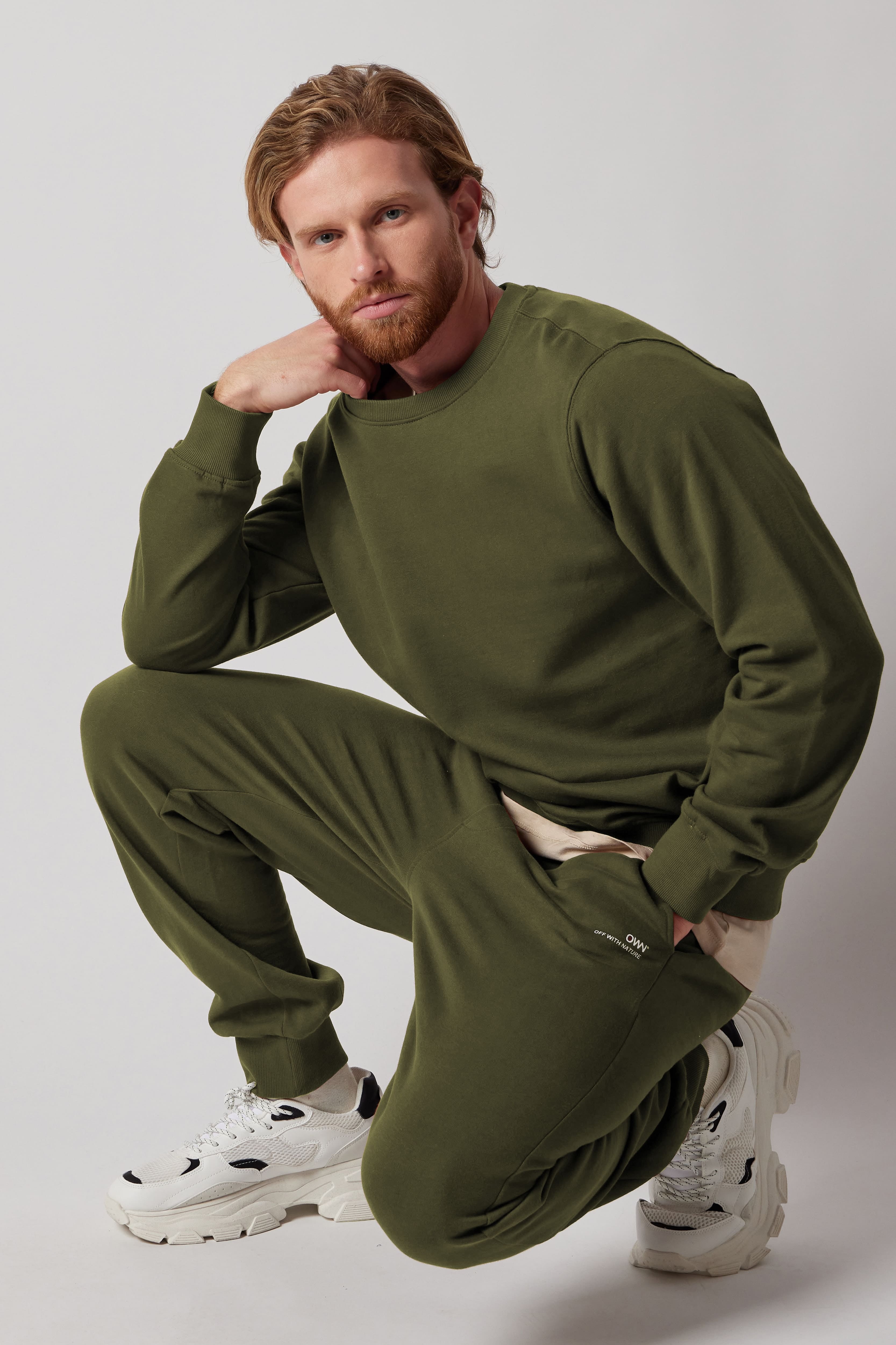 Set Felpa Felpata Girocollo + Joggers Felpati Verde Militare