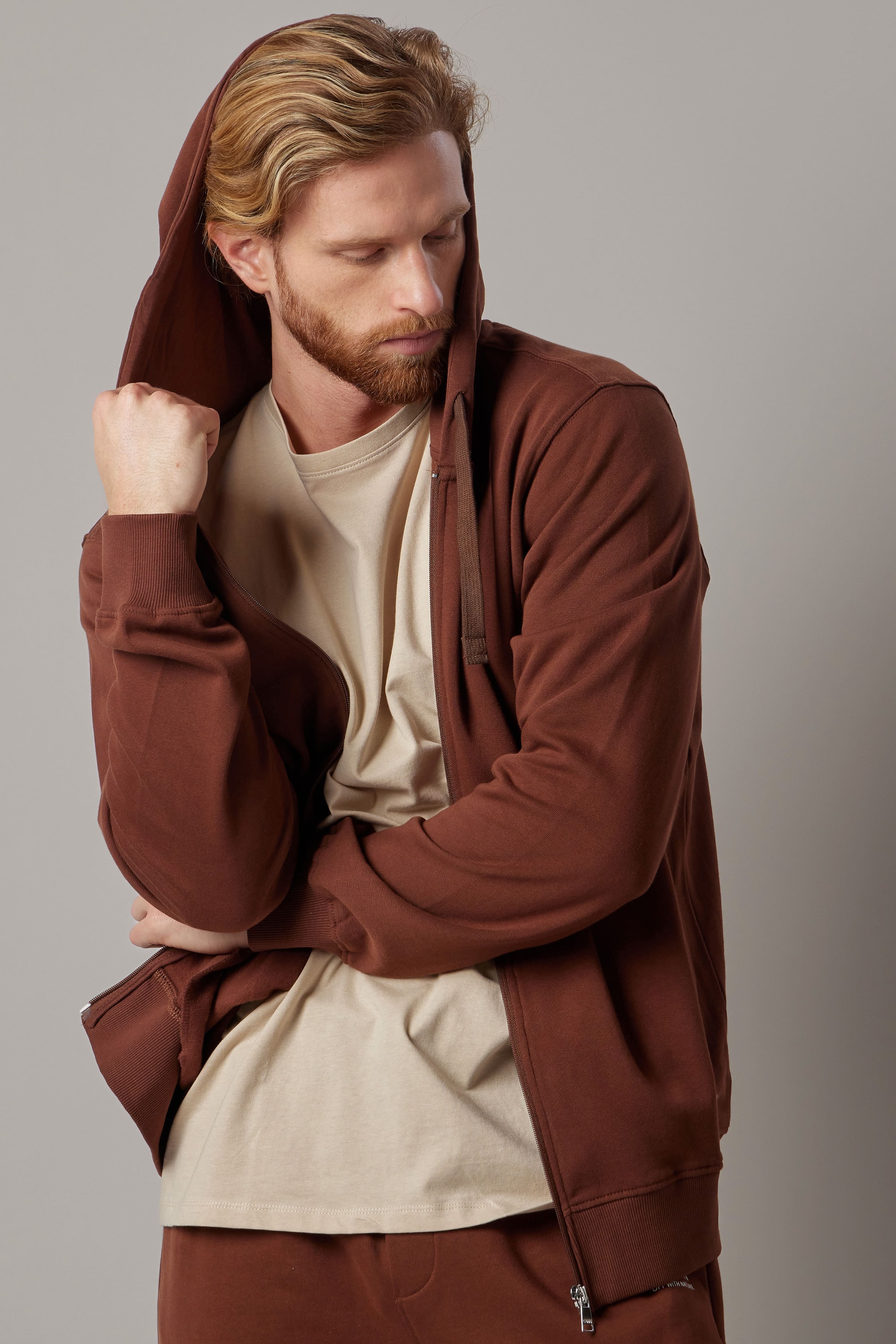 Brown Hooded Zippered Sweatshirt