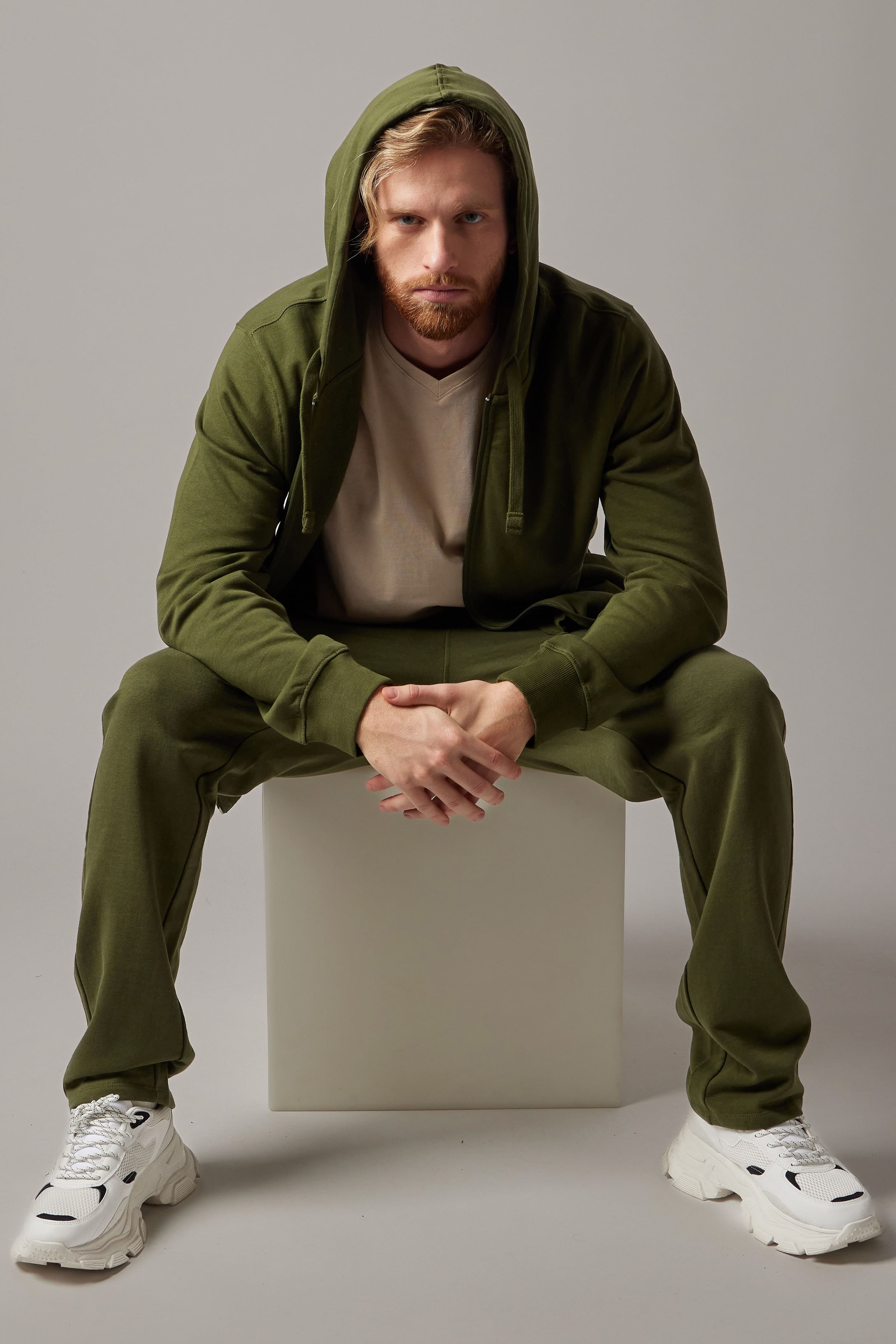 Felpa Felpata con Cappuccio e Zip Verde Militare