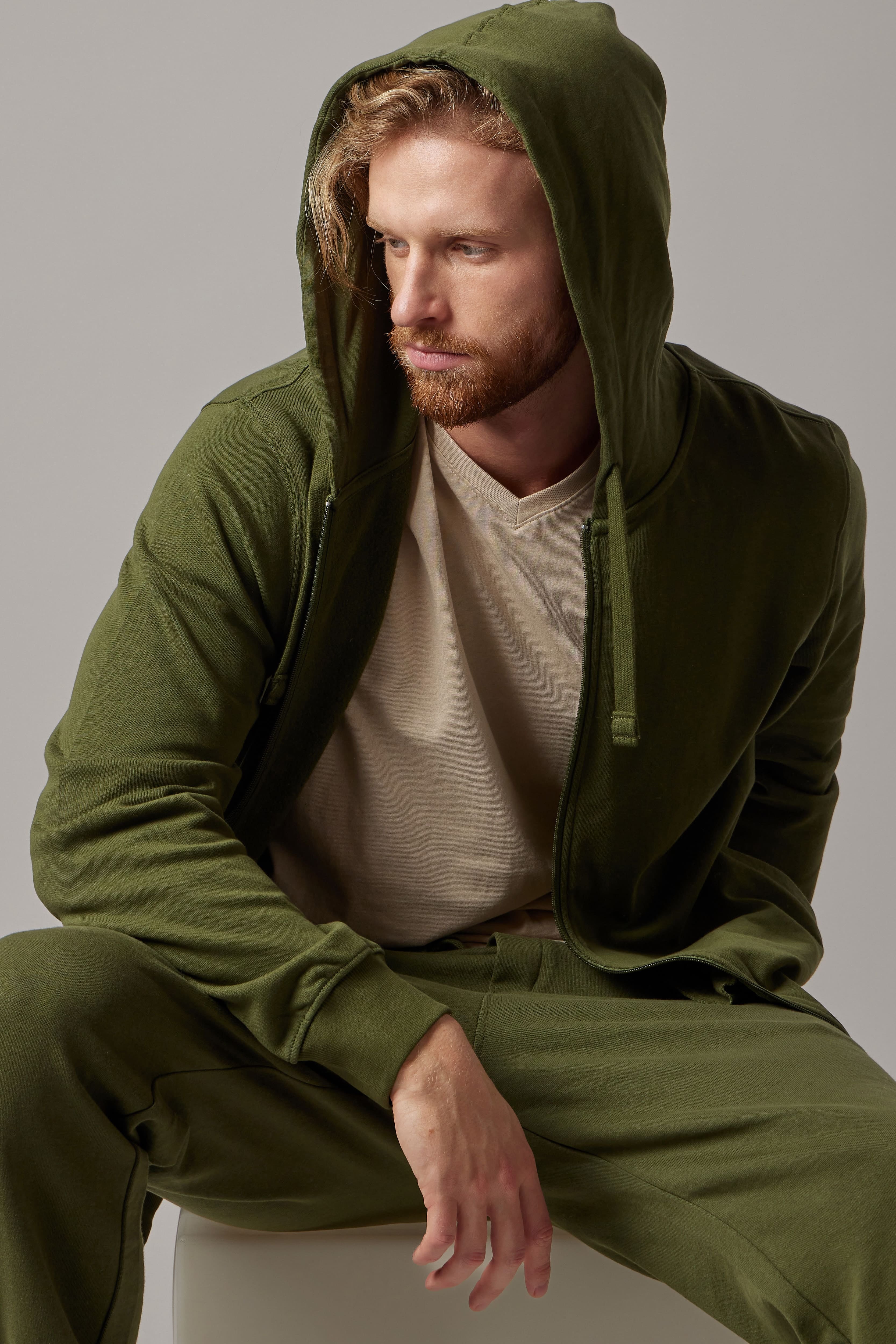 Felpa Felpata con Cappuccio e Zip Verde Militare