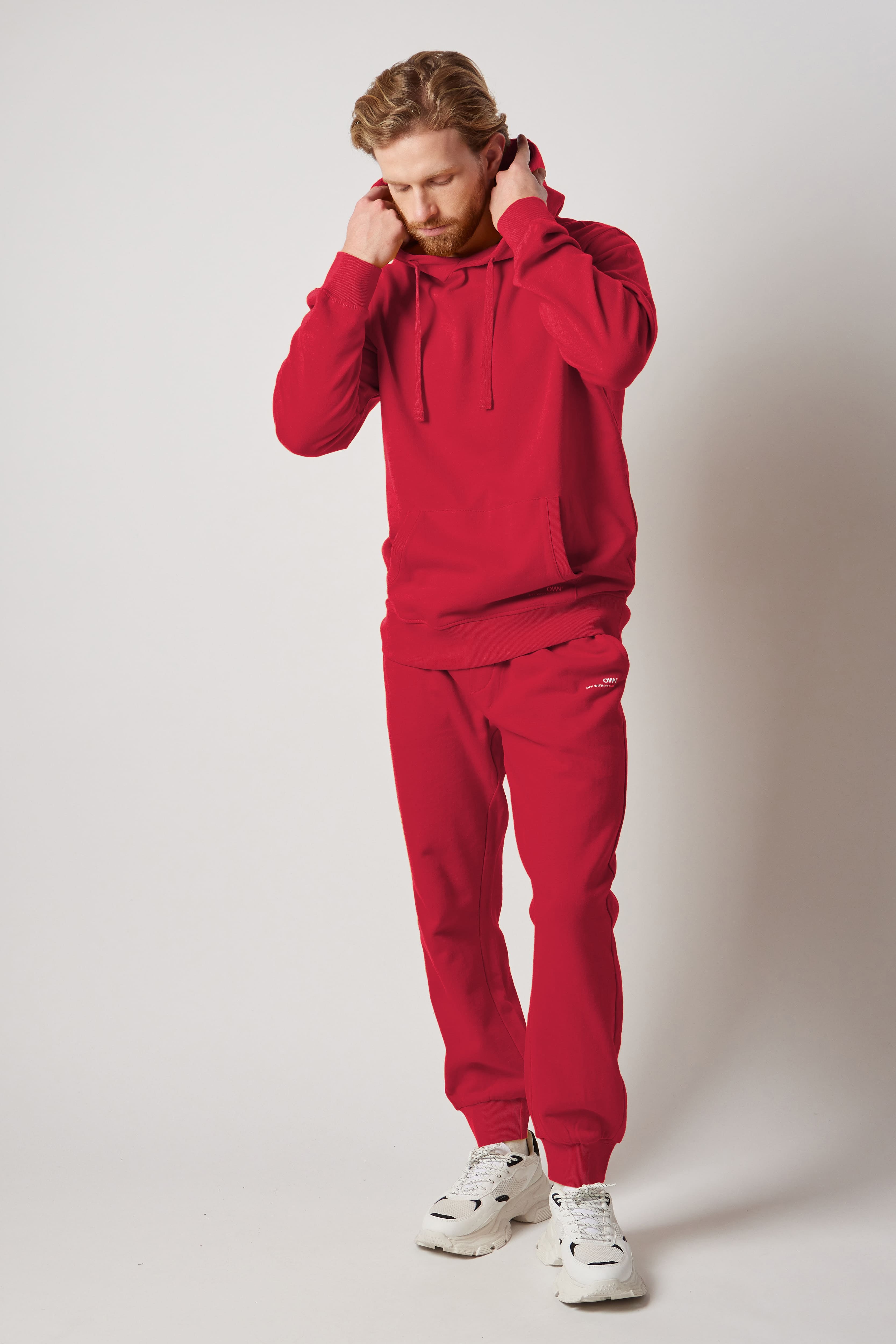 Set Felpa Felpata con Cappuccio + Joggers Felpati Rosso