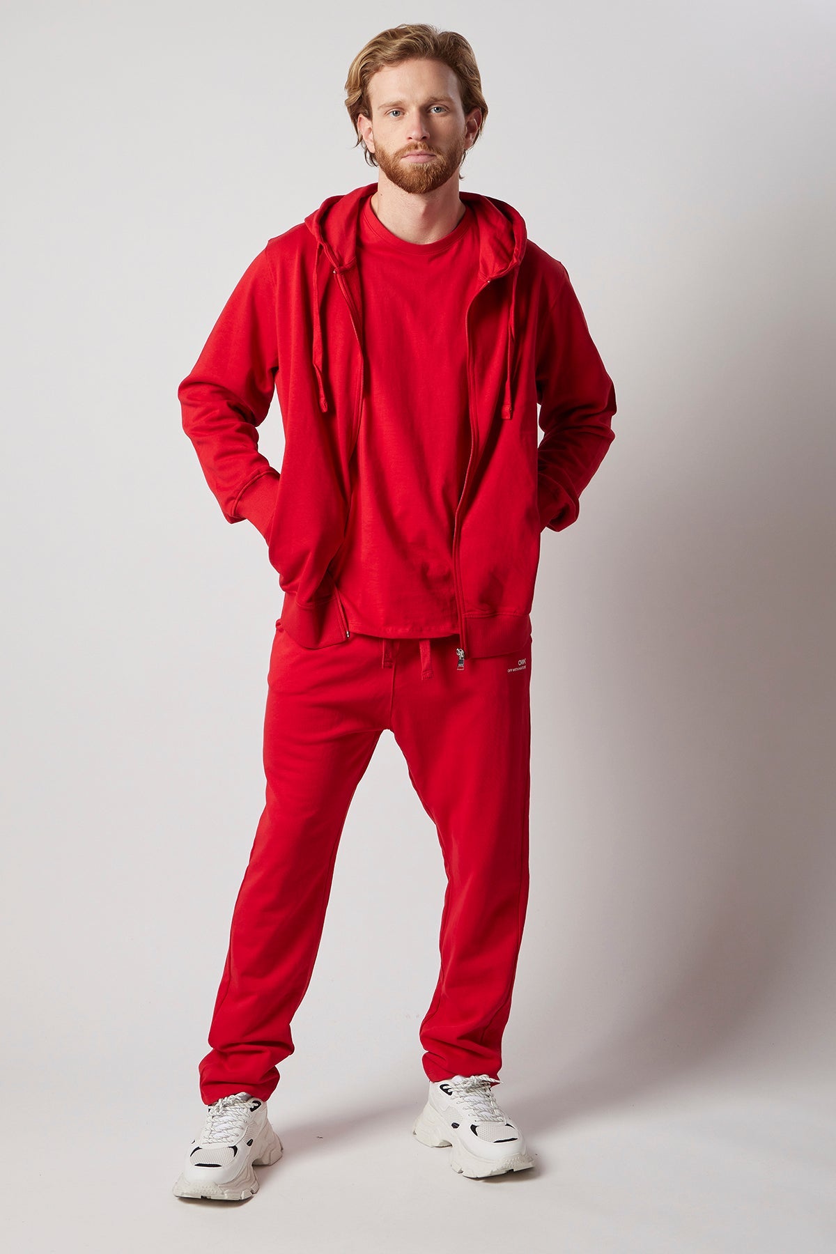 Set Felpa con Cappuccio e Zip + Joggers Rosso