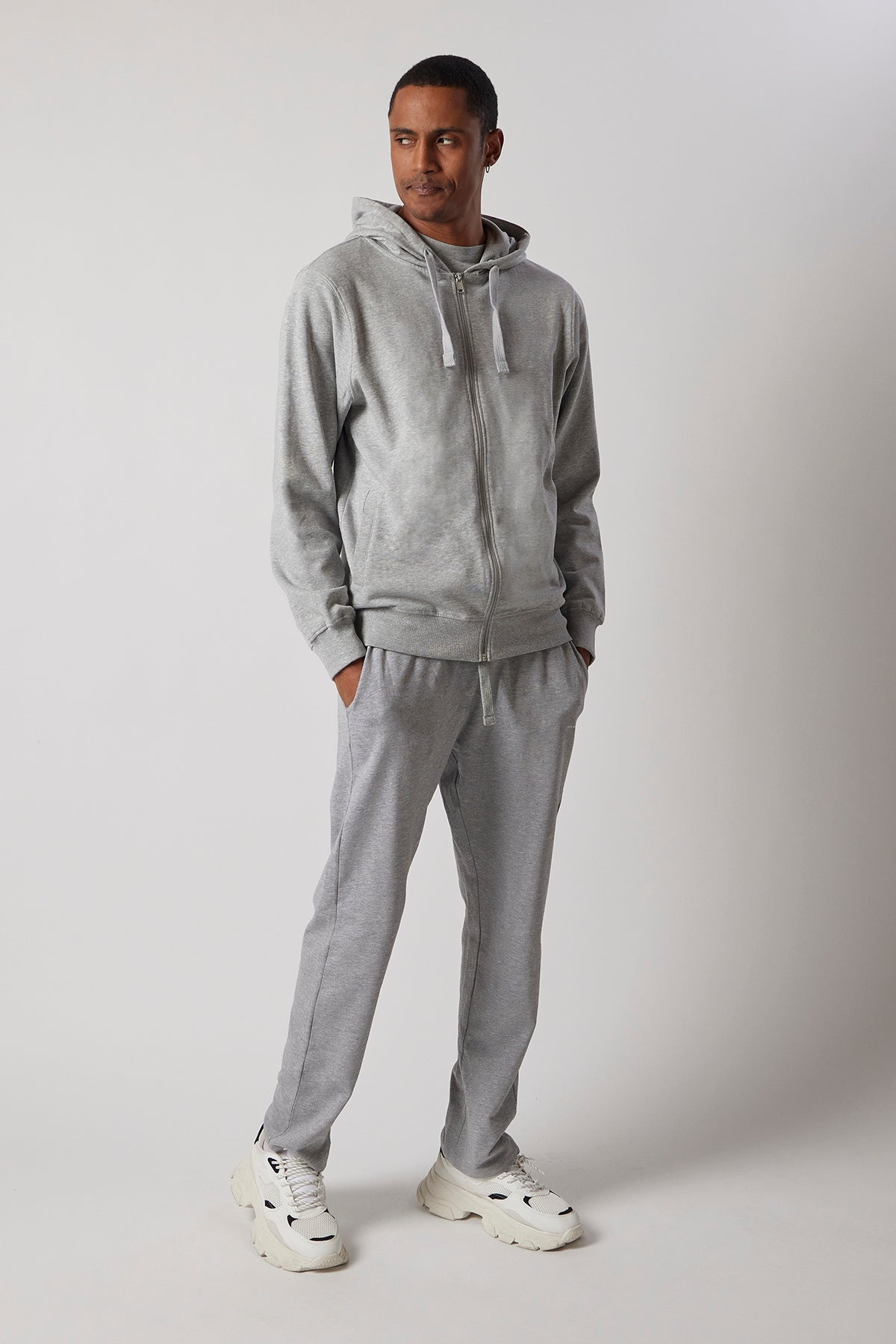 Set Felpa con Cappuccio e Zip + Joggers Grigio Chiaro Melange