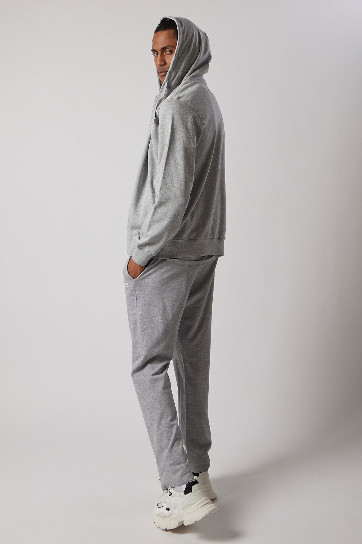 Set Felpa con Cappuccio e Zip + Joggers Grigio Chiaro Melange