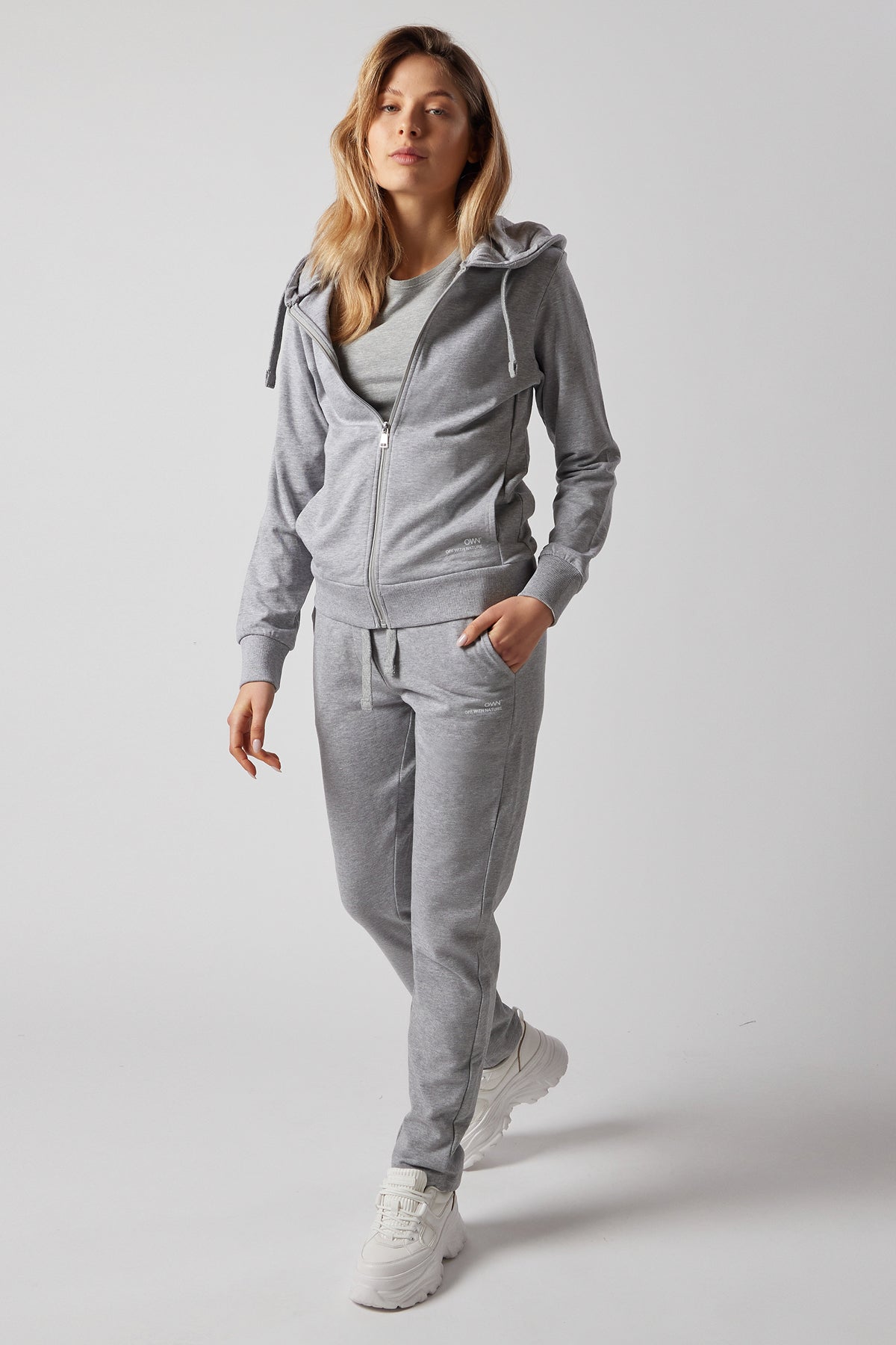 Set Felpa con Cappuccio e Zip + Joggers Grigio Chiaro Melange